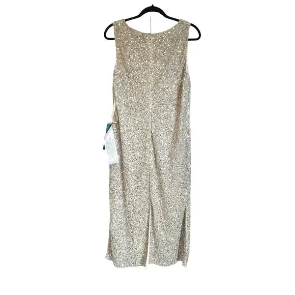 Mac Duggal Sleeveless Sequined Midi Sheath Dress Silver/Nude Size 14 NWT